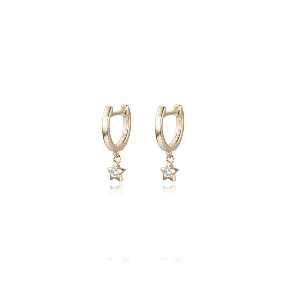 Gold Star Charm 14K (or 18k upon request) Gold Hoop Diamond Earrings